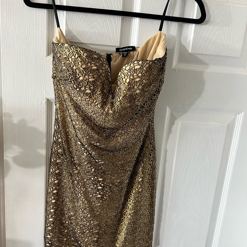 Bebe Strapless Dress in Gold Lace